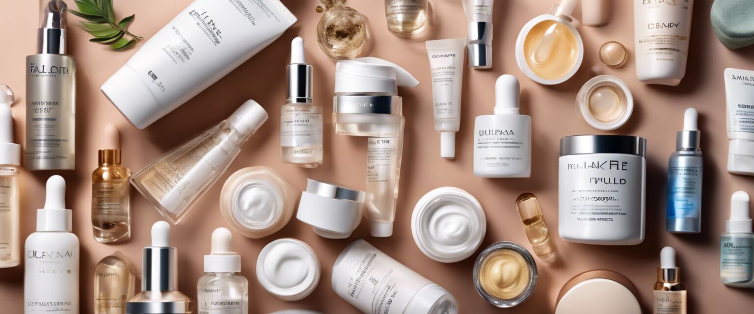 Anti-aging skincare products displayed on a countertop.