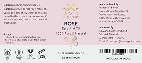 Label of AVD Organics Rose Essential Oil with product details and contact information.