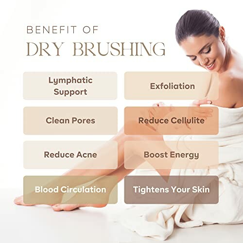 Image listing benefits of dry brushing with a woman wrapped in a towel.
