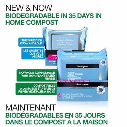 Biodegradable makeup removing wipes packaging.