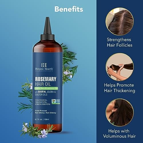 Botanic Hearth Rosemary Hair Oil bottle with benefits listed.