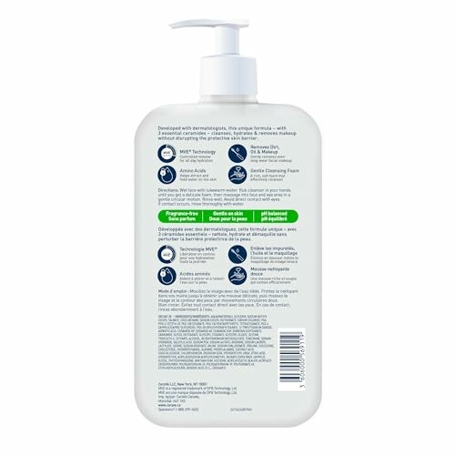 Back of CeraVe foaming facial cleanser bottle with product details.