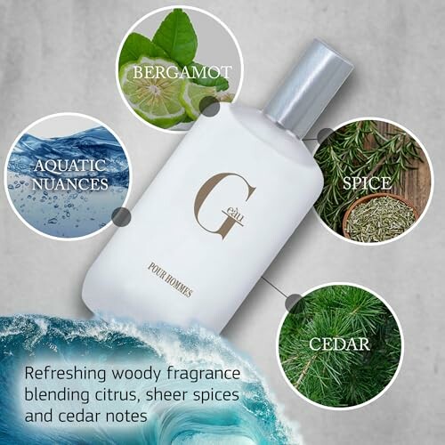 Cologne bottle with notes of bergamot, aquatic nuances, spice, and cedar.