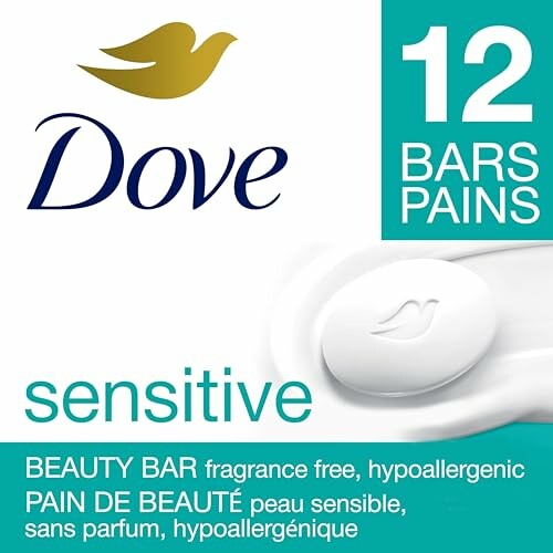 Dove sensitive beauty bar packaging with 12 bars, fragrance free and hypoallergenic.
