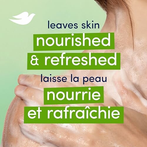 Person using Dove soap with text 'leaves skin nourished & refreshed'.