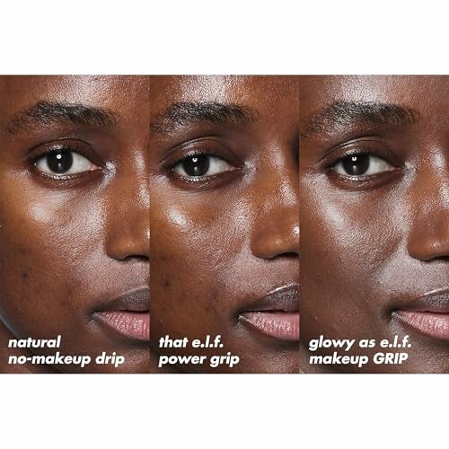 Comparison of three makeup looks on a person's face showcasing natural, e.l.f. power grip, and glowy makeup.