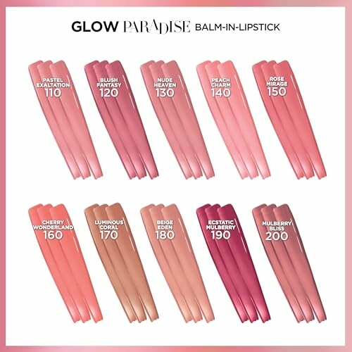 Ten lipstick shades from Glow Paradise collection.