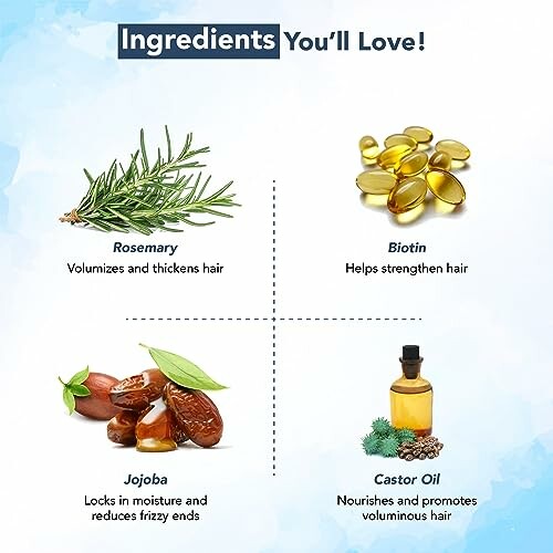 Rosemary, Biotin, Jojoba, and Castor Oil for hair care benefits.