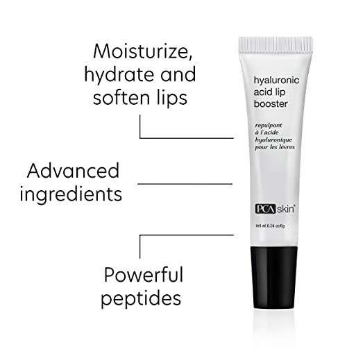 Tube of PCA Skin hyaluronic acid lip booster with text highlighting moisturizing and hydrating benefits.