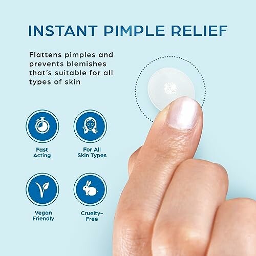 Finger holding a pimple relief patch with benefits listed.