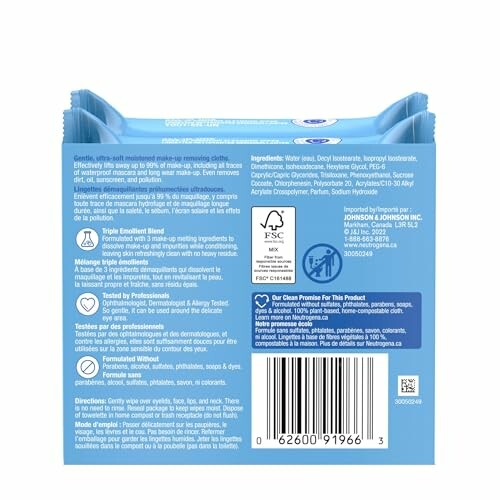 Back of Johnson's baby wipes package showing ingredients and product information.