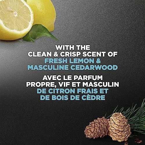 Fresh lemon and masculine cedarwood scent description with images of lemon and pine cones