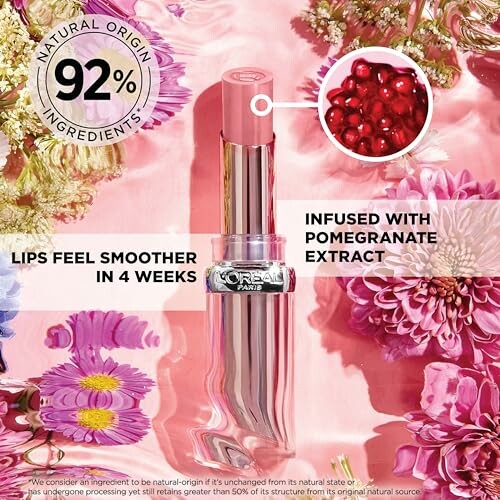 Lipstick with pomegranate extract, surrounded by flowers and water.