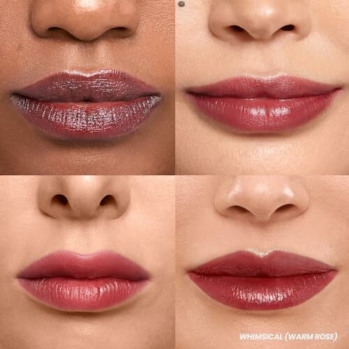 Four images showing different lipstick shades on lips.