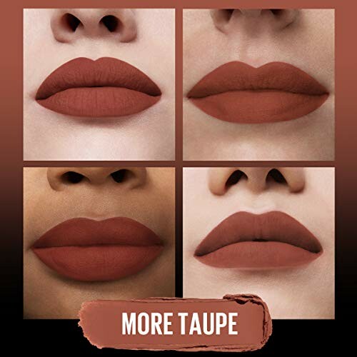Four images of lips wearing taupe lipstick shades.