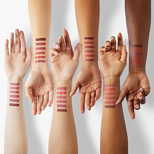 Arms displaying lipstick swatches in various skin tones