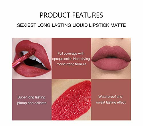 Product features of long lasting liquid lipstick matte, showing full coverage, moisturizing formula, long lasting plump, and waterproof effect