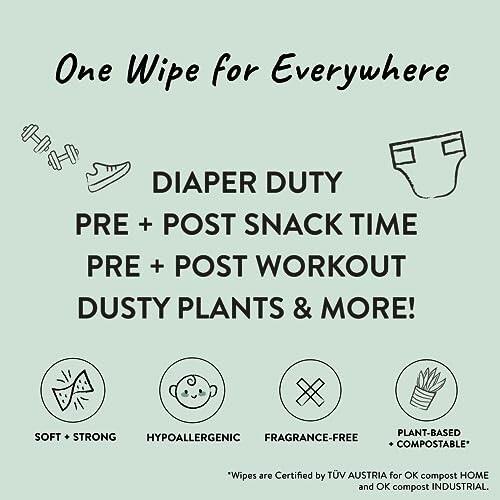 Text describing uses and features of versatile wipes.