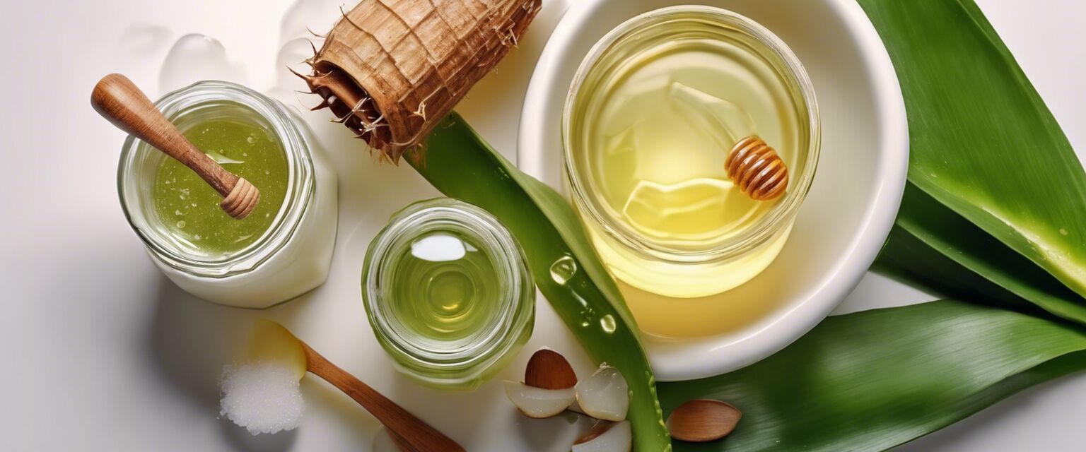 Natural ingredients for skincare displayed in jars and bowls.