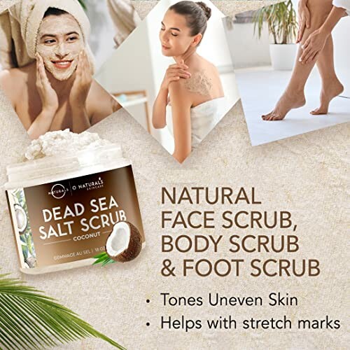 Advertisement for natural face, body, and foot scrub with benefits.