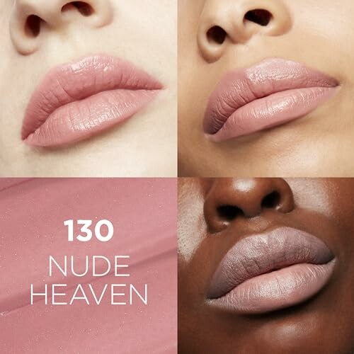 Four images showcasing different skin tones wearing Nude Heaven lipstick shade.