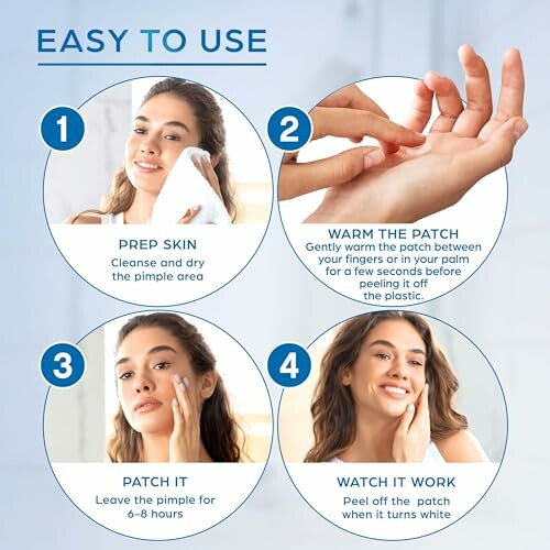 Steps for using a pimple care patch: prep skin, warm the patch, apply, and watch it work.