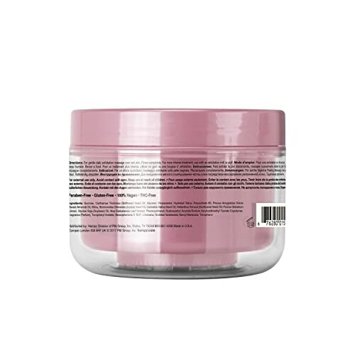 Pink container of hair mask with product details