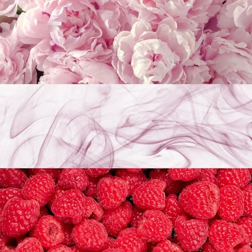 Collage of pink peonies, smoke, and red raspberries