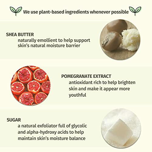 Description of plant-based skincare ingredients including shea butter, pomegranate extract, and sugar.