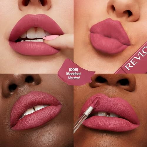 Collage of four lips with Revlon Manifest Neutral lipstick