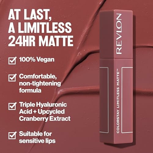 Revlon limitless 24hr matte lipstick with benefits listed.
