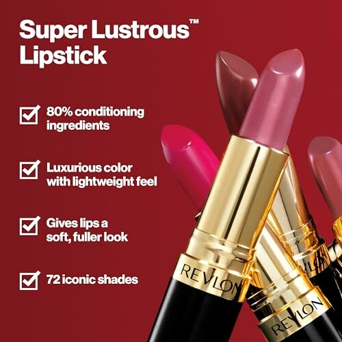 Revlon Super Lustrous Lipstick advertisement showcasing multiple shades and benefits.