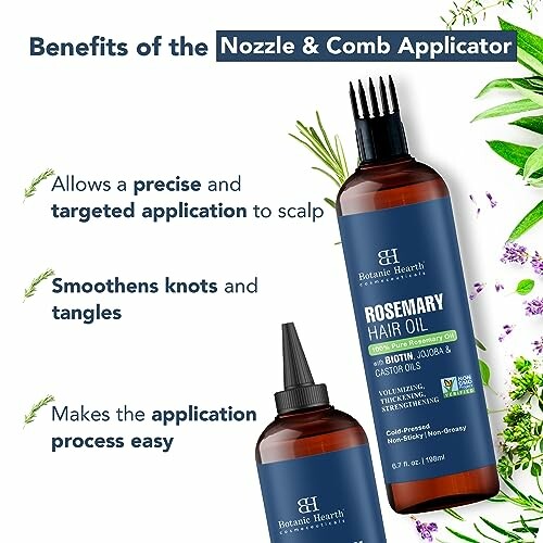 Benefits of rosemary hair oil with nozzle and comb applicator.