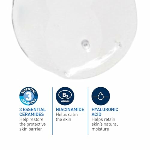 Skincare ingredients: 3 essential ceramides, niacinamide, hyaluronic acid.