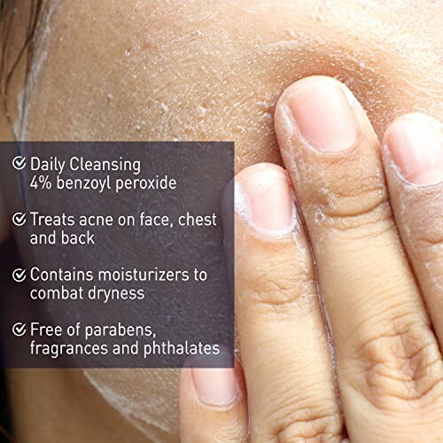 Close-up of a person applying a skincare product with text detailing product benefits.
