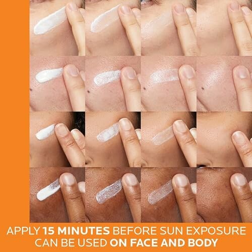 Application of sunscreen on different skin tones with instruction to apply 15 minutes before sun exposure.