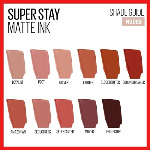 Super Stay Matte Ink Nudes shade guide with 10 lipstick colors.