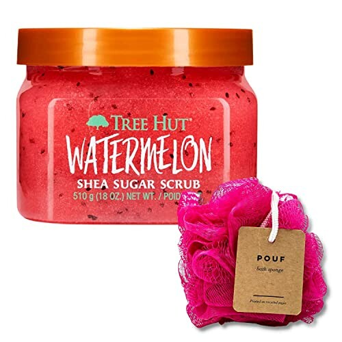 Tree Hut Watermelon Shea Sugar Scrub with pink bath pouf.