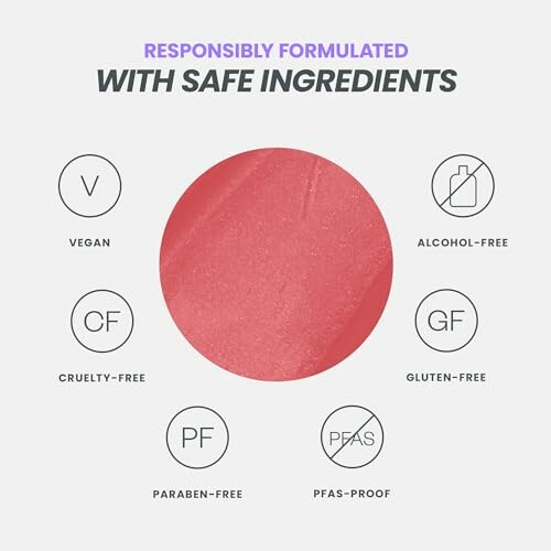 Image showing safe, responsibly formulated ingredients: vegan, cruelty-free, paraben-free, alcohol-free, gluten-free, PFAS-proof.